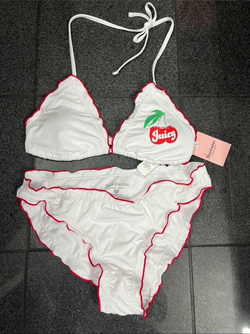Juicy Couture White Bikini with Red Trim and Cherry Patch